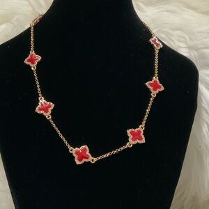 Red and Gold Rhinestone gold Chain Clover Necklace